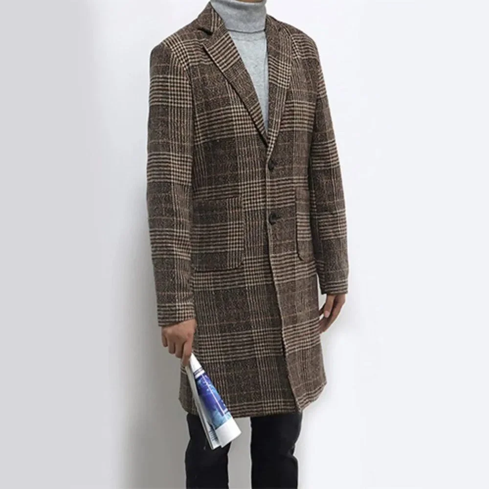 𝅺CLAU'S Plaid Long Trench Coat for Men Khaki - Picture 2 of 6